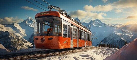 Tram on the background of snowy mountains. - obrazy, fototapety, plakaty