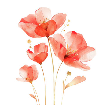Beautiful Abstract Watercolor Flower with Petal Transparent Background, Romantic Red Floral Design Image, Warm Spring Decoration Luxury Art, Vintage Special Day