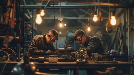 Two workers in coveralls and safety goggles are seen from behind carefully assembling pieces of...