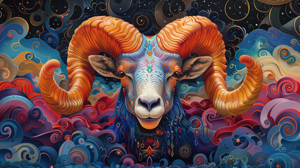 An abstract interpretation of a ram's head emerging from a swirl of colorful abstract shapes and patterns, representing Aries' creative energy and individuality-1