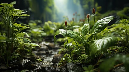 Green leaves in the forest with raindrops falling on the ground. - obrazy, fototapety, plakaty