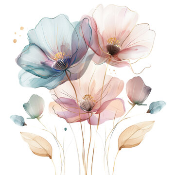 Beautiful Abstract Watercolor Flower with Petal Transparent Background, Romantic Pink Blue Floral Design Image, Warm Spring Decoration Luxury Art, Vintage Special Day
