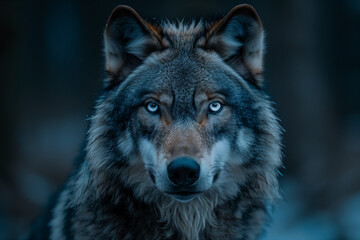 A majestic wolf's head emerges from the shadows, its piercing blue eyes glowing with an otherworldly intensity-1