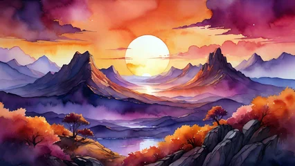 Rolgordijnen Watercolor illustration of a sunset over the sea and mountains with clouds © Fitrah