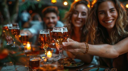 Group of multi ethnic friends having backyard dinner party together - Diverse young people sitting at bar table toasting beer glasses in brewery pub garden