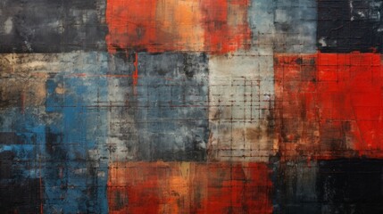 A grungy fabric with red, Red and blue patterns on it, dark orange and dark black, crossed colors