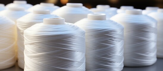 Spools of white thread on table, closeup. Textile industry - obrazy, fototapety, plakaty