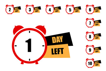 Alarm clock countdown sequence. One day left highlight. Time-sensitive alert. Vector illustration. EPS 10.