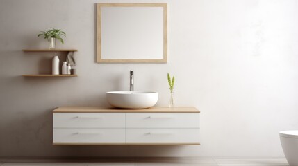 Bathroom interior with white walls, tiled floor, comfortable white bathtub and wooden shelf with towels
