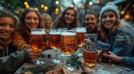Group of multi ethnic friends having backyard dinner party together - Diverse young people sitting at bar table toasting beer glasses in brewery pub garden - obrazy, fototapety, plakaty
