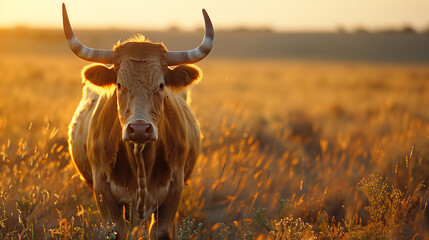 A majestic golden bull stands alone in a vast, sun-kissed meadow, its horns gleaming in the warm light