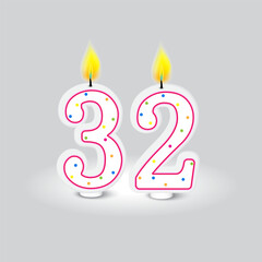 Number 32 with colorful dots. Celebratory candle design. Bright birthday symbol. Vector illustration. EPS 10.
