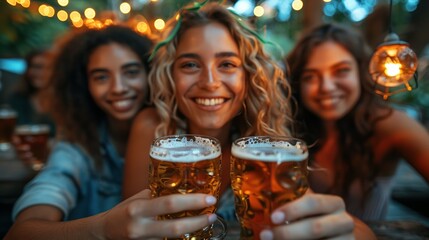 Group of multi ethnic friends having backyard dinner party together - Diverse young people sitting at bar table toasting beer glasses in brewery pub garden - obrazy, fototapety, plakaty