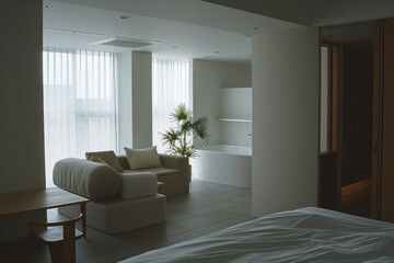 Fototapeta na wymiar Tokyo high-rise studio apartment featuring minimalist design with grey and white palette, streamlined furniture, and morning light.