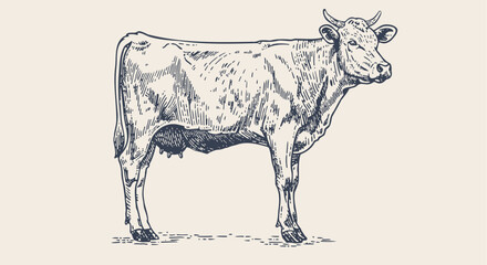 Naklejka premium Cow, bull, beef. Vintage retro print, black white cow, bull, beef sketch ink pencil drawing, engrave old school. Sketch artwork silhouette cow bull. Side view profile beef bull. Vector Illustration