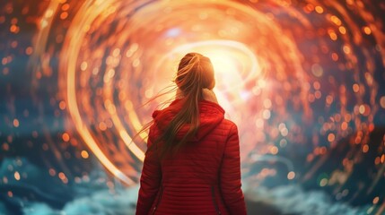 A young woman in a red jacket stands at the base of the gateway back turned as gazes up at the swirling vortex of colors and . . - obrazy, fototapety, plakaty