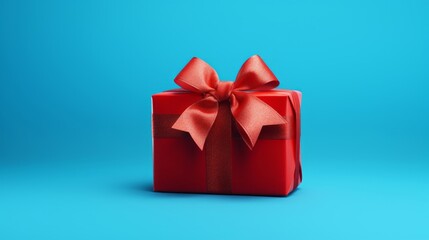 A gift wrapped in red on blue background