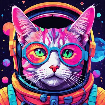  Gato con figuras geométricas, colores fluorescentes, en el espacio, con gafas de piloto
