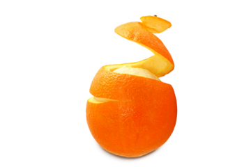 fresh orange fruit half peeled spiral skin isolated,cutout in transparent background,png format
 