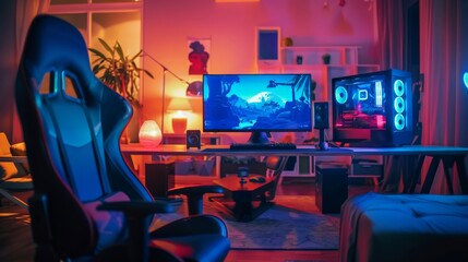 A cozy gaming setup at home with ambient lighting, featuring a comfortable chair, multiple monitors, and gaming paraphernalia, epitomizing the dedicated gamer's sanctuary.