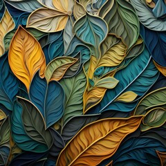 colorful abstract background with green and yellow gold leaves, sculptural paper constructions
