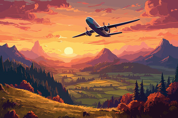 Fototapeta na wymiar Airplane Colorful landscape with passenger airplane art background.