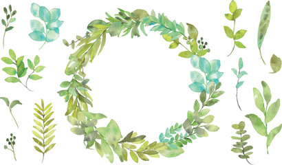 水彩画。水彩タッチで描いた草木ベクターイラスト。緑のハーブイラストセット。Watercolor painting. Herbs and trees vector illustration with watercolor touch. Green herbs illustration set.