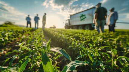 A group of farmers standing in a lush green field harvesting crops of corn and soybeans. In the background a large truck with a biofuel logo on the side can be seen loading up the . - obrazy, fototapety, plakaty