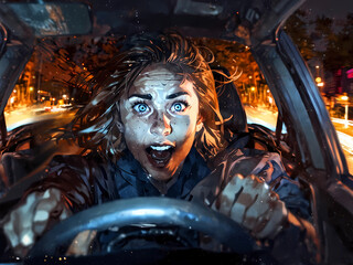 rough painting illustration of woman at the moment of shock in a car crash at night, bright headlights on her petrified face