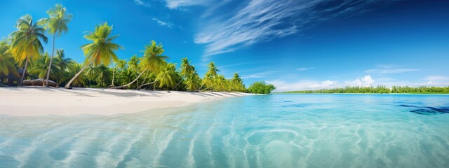 Beautiful tropical beach paradise with palm trees and blue sky and clouds panorama.