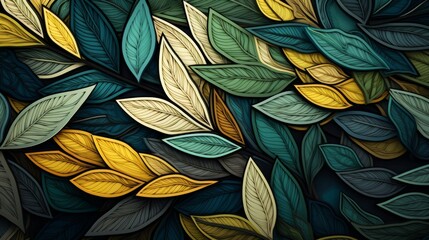 a colorful abstract background with green and yellow leaves, in the style of mosaic-inspired realism, dark teal and beige, sculptural paper constructions, flowing fabrics