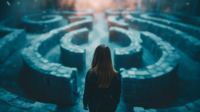  woman standing in front of a maze in a fantasy environment with a magical atmosphere