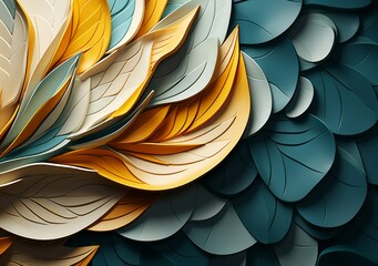 abstract background with green and yellow leaves, in the style of mosaic-inspired realism, dark teal and light beige