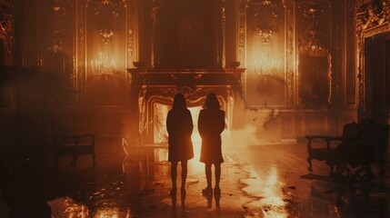 Two figures stand in front of an ornate fireplace their backs facing the camera as they converse in hushed tones enveloped in the . . - obrazy, fototapety, plakaty