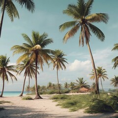 Obraz premium Transport to a tropical paradise: lush palms sway against vintage skies, evoking nostalgia and serenity.