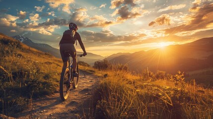 Fototapeta premium A cyclist on a mountain trail at golden hour, the setting sun casting a warm glow over the landscape, illustrating the thrill of exploring nature on two wheels.