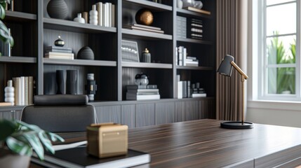 Continuing the theme of dark wood and contemporary design the home office boasts a large writing desk with clean lines and a dark finish. The statement piece of the room is a modern .