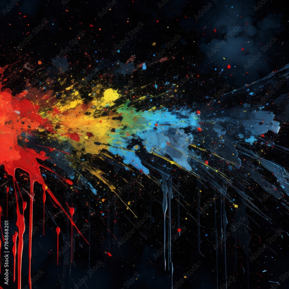 Poster black background displaying paint splatters on it, in the style of dark gray and blue, drips and spl
