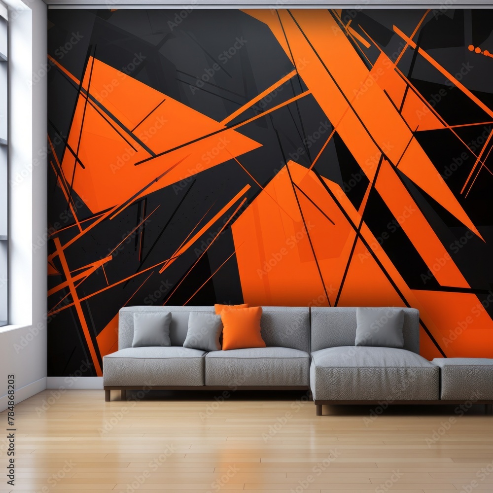 Poster black and orange background with an abstract design of sharp lines and angular shapes, urban graffit