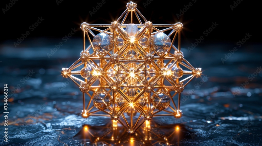 Poster a threedimensional construct of metatrons cube featuring twelve intersecting lines and thirteen sphe