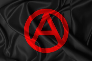 Black Anarchist flag with red Circle-A symbol waving in the wind - obrazy, fototapety, plakaty
