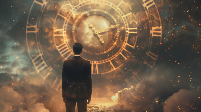 A businessman in suit standing with his back turned, looking at the huge clock on top of time gate