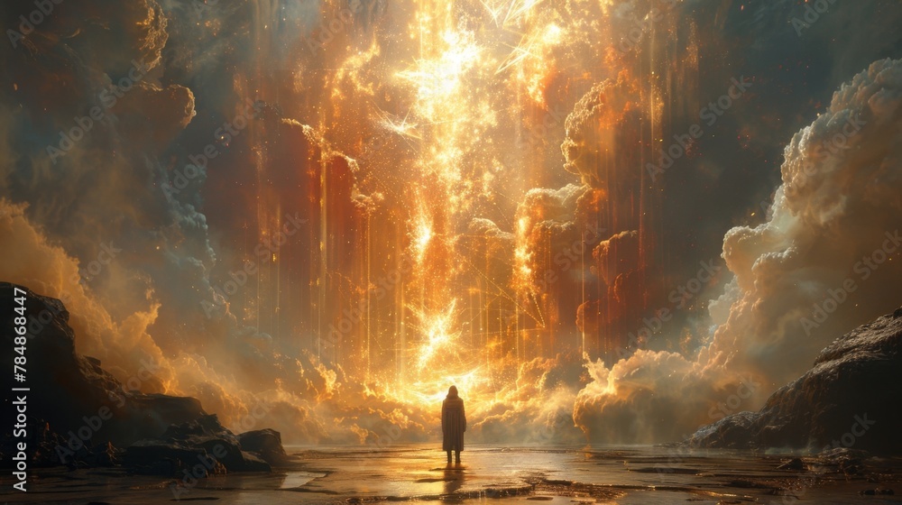 Poster rays of light emanate from a tesseract suspended in the air casting a mesmerizing glow on the person