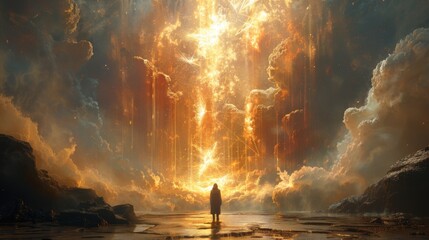 Rays of light emanate from a tesseract suspended in the air casting a mesmerizing glow on the person standing below it.