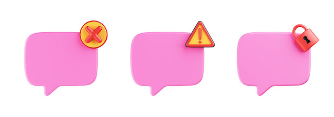 3D pink speech bubble symbol with wrong mark Exclamation mark and lock key. Error message. Chat box. PNG file type. 3D Illustration.