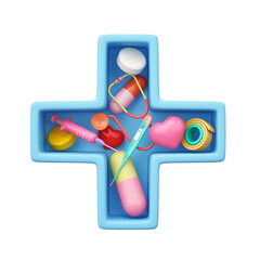 3D blue plus symbol. Medical equipment model is medicine box, pills, syringe, stethoscope, capsule medicine, heart and thermometer. PNG file type. 3D Illustration.