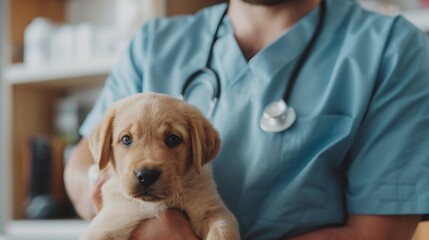 Veterinarian Holding a Cute Labrador Puppy
