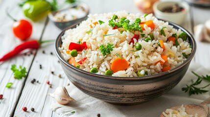 Bowl of delicious rice with vegetables served on white wooden table, closeup - obrazy, fototapety, plakaty