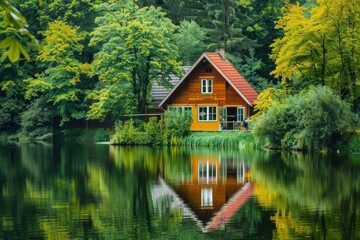 Fototapeta na wymiar Beautifull small rest home near the lake with mirror. Green trees around the lake