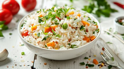 Bowl of delicious rice with vegetables served on white wooden table, closeup - obrazy, fototapety, plakaty